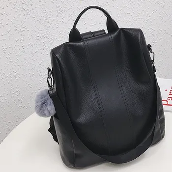 

Women Anti Theft Backpack Pu Soft Leather Backpack With Hair Ball 2020 New Fashion Travel Bagpack School Bag Mochila Feminina