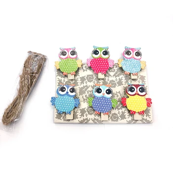 

6 Pcs/set Cartoon Owl School Photo Clip With Hemp Rope Binding Mini Cute Craft Wooden Paper Supplies Office DIY