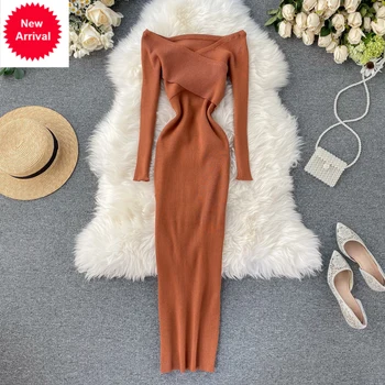 

NEW Off Shoulder Cross Criss Autumn Knit Sweater Midi Long Dress Bodycon Party Winter Sexy Women Casual elegant Vestidos Autumn