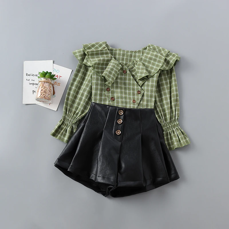 Комплект одежды высокого качества для девочек 2-7 лет, новинка года, весенне-осенняя модная клетчатая рубашка+ кожаные штаны, детская одежда для девочек - Цвет: Зеленый
