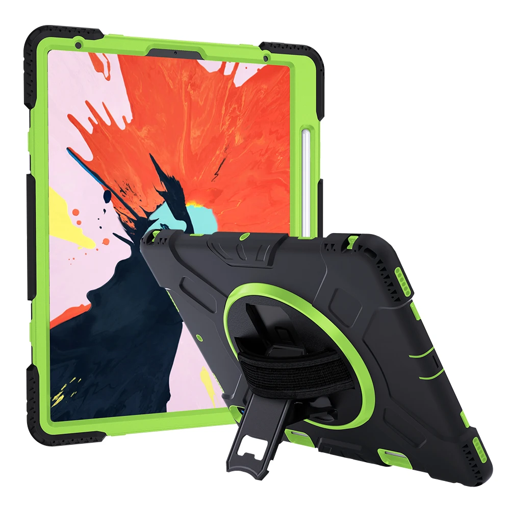 

For iPad 12.9 inch 2018 Tablet Case With Pencil Holder Soft Silicone Shockproof Protection Cover 360 Kickstand Hand Strap JGX07
