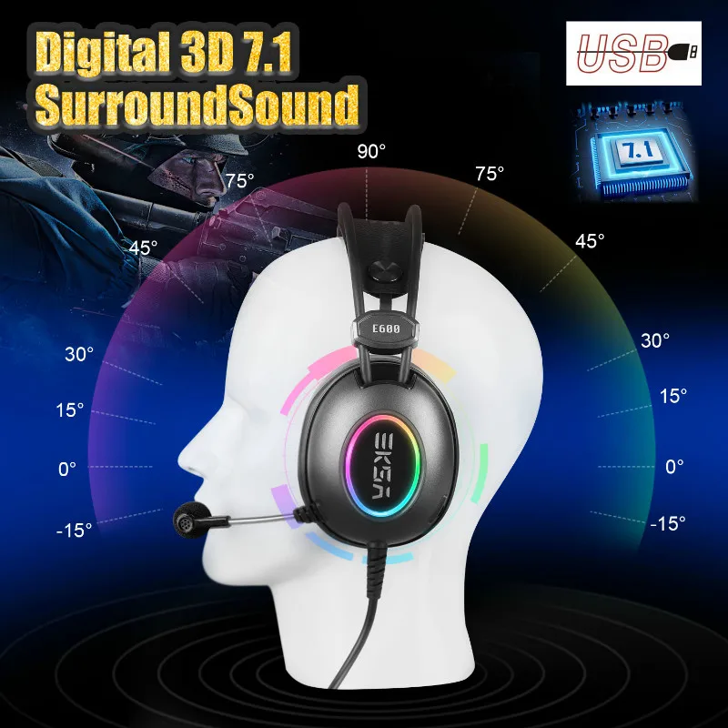 EKSA E600 Virtual 7,1 Surround Sound Игровые наушники через ухо USB игровая гарнитура с микрофоном RGB для компьютера ПК PS4 Xbox Gamer