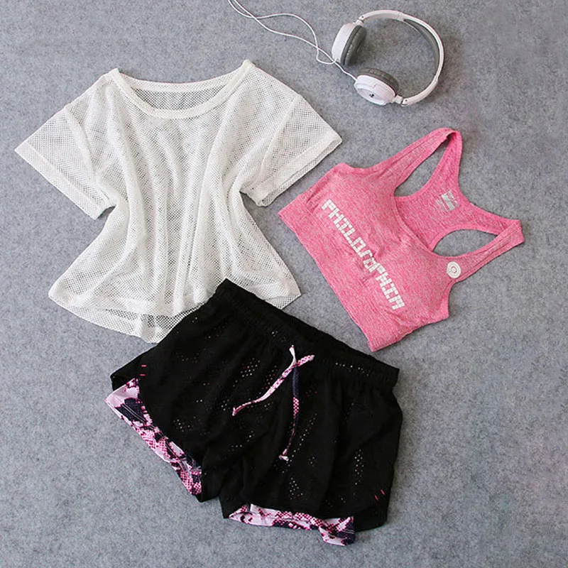 

Sportswear 3 Piece Yoga Set Women Gym Cloth Sport Suit Shirt Top+Bra+Shorts Female Workout Athletic Running Fitness Clothing