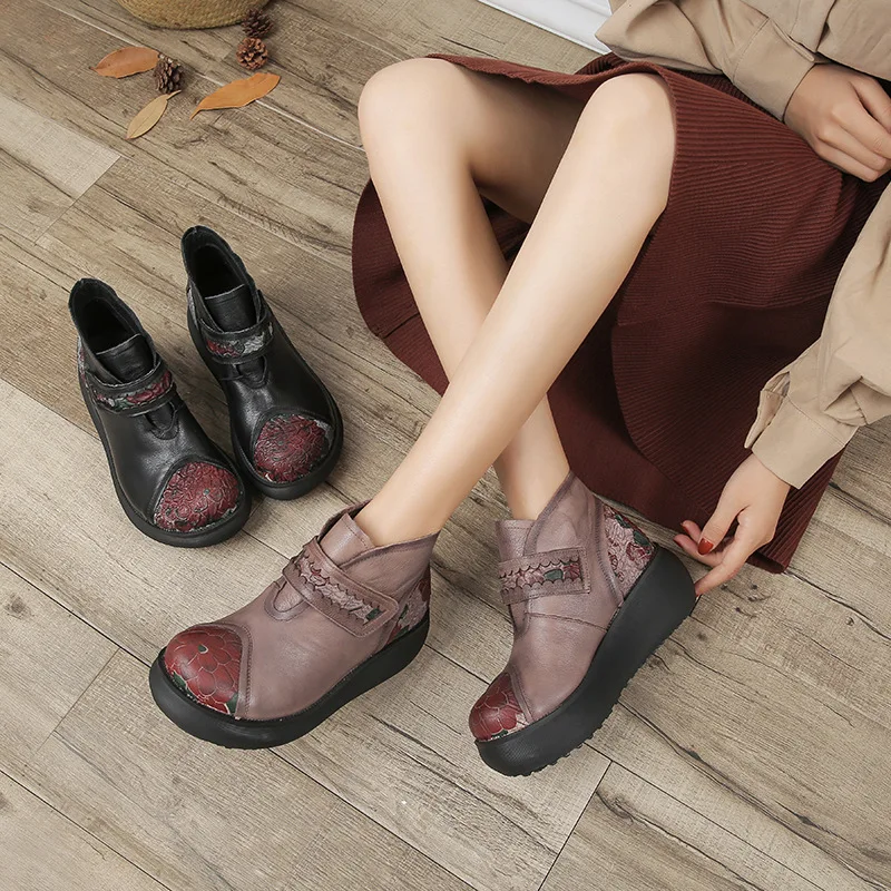 

Women Leather Boots Embroidery Wedge Heels Shoes Ladies Retro Boots Autumn Handmade Genuine Leather Women Ankle Boots Brand174