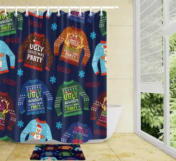 

Cartoon Design Sweater Snowflake Lamp Christmas Decoration Shower Curtain Bathroom Accessories Polyester Fabric Bath Curtain Set
