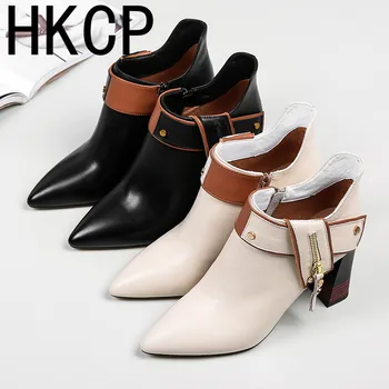 

HKJL High-heeled women's boots pointed color matching thick with female side zipper Martin boots buckle with women's shoes Z073