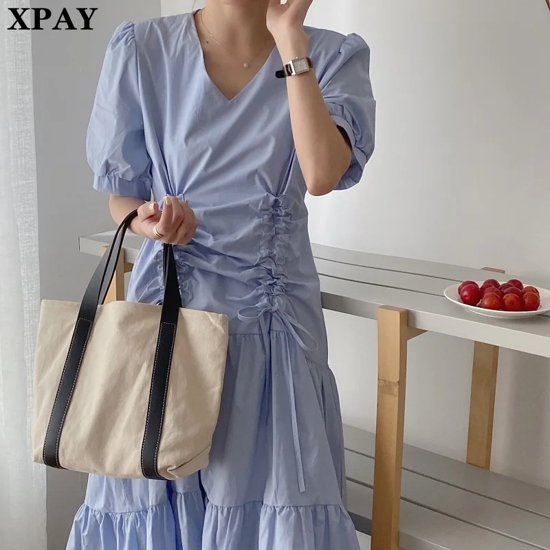 

Elegant V-Neck Pleated Party Dress Women Vintage 2020 New Summer Drawstring Irregular Fish Tail Swing Maxi Dress Retro Dresses