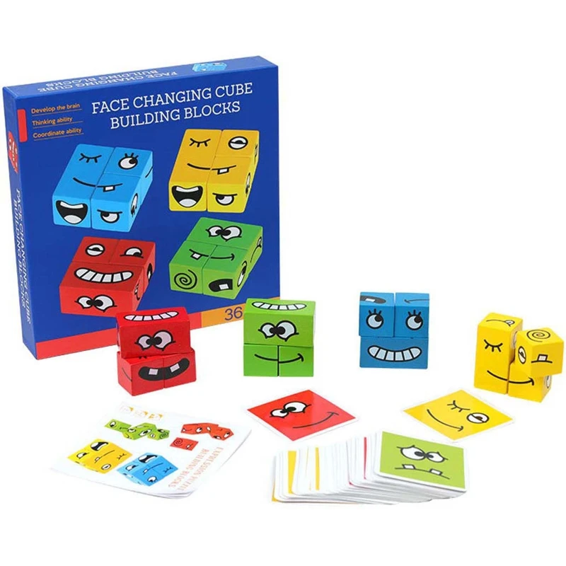 

Wooden Expression Puzzles Building Block Magic Face Changing Cube Montessori Toy
