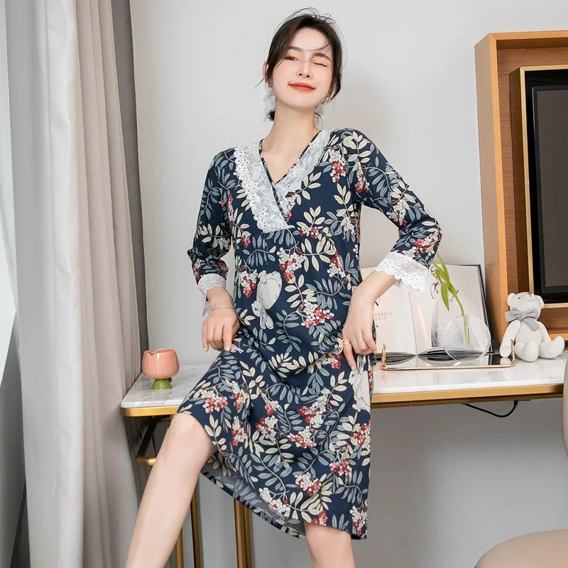 

Casual Sleep Dress Women Nightwear Sleepwear Floral Printing Nightdress Cotton Nightgown Intimate Lingerie Loose Lounge Wear