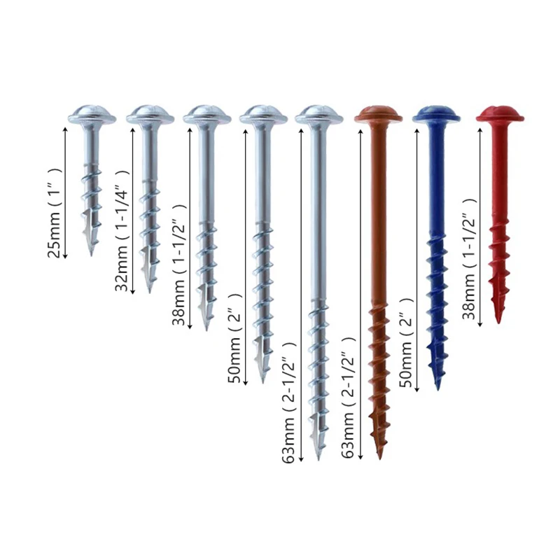 포켓 홀 나사, 굵은 나사, 목공 셀프 태핑 나사, 비스듬한 홀 나사, 사각 드라이버, SQ2, 25-63mm, 100 개