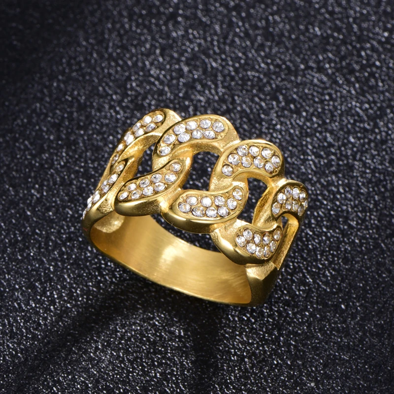 Micro Pave Стразы Iced Out Bling кубинские звенья цепи Кольцо IP позолоченные титановые кольца из нержавеющей стали для мужчин хип-хоп ювелирные изделия