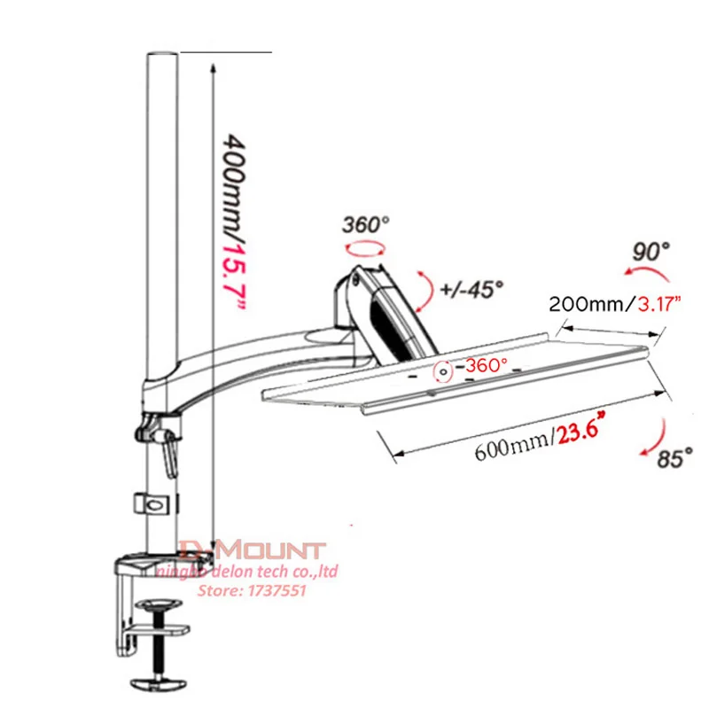 DL-GM112KY алюминиевый 27 дюймов 0-8 кг 360 вращающийся зажим воздушный пресс газовая распорка газовая пружина Крепление на клавиатуру с мышкой Настольный держатель для ноутбука