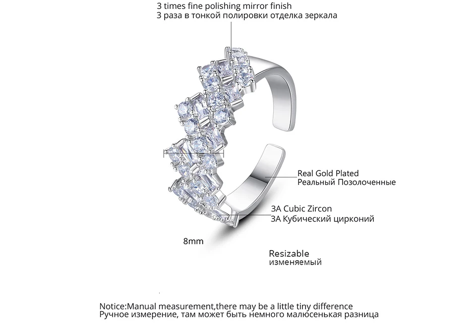 LUOTEEMI, геометрическое кольцо с изменяемым размером, Открытое кольцо для женщин, свадебное обручальное, AAA, прозрачный кубический циркон, белое золото, цвет, модное ювелирное изделие