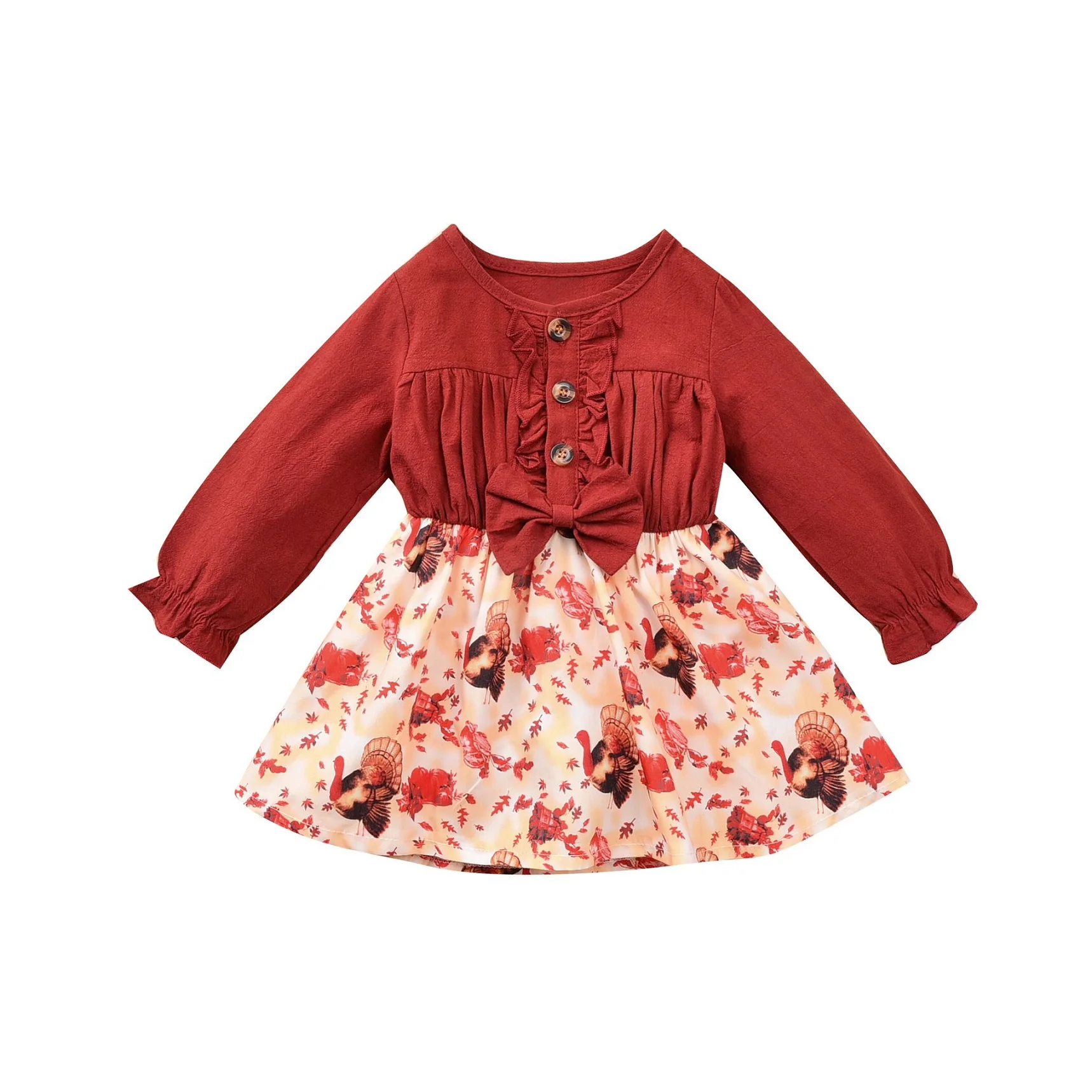 

Baby Girls Fashion Dress, Toddler Kdis Ruffle Midi Long Sleeve Round Collar High Waist Bow Flared Turkey Printed Princess Dress