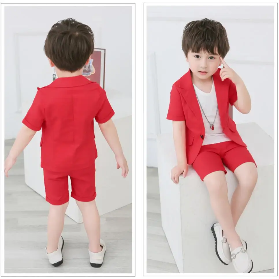 Boys Suit Set Boys Blazers Sets Wedding Or Birthday Party Summer Business Suit Shorts Jacket Sleevele T Shirt Kids Boy Clothing 3Pcs Outfit