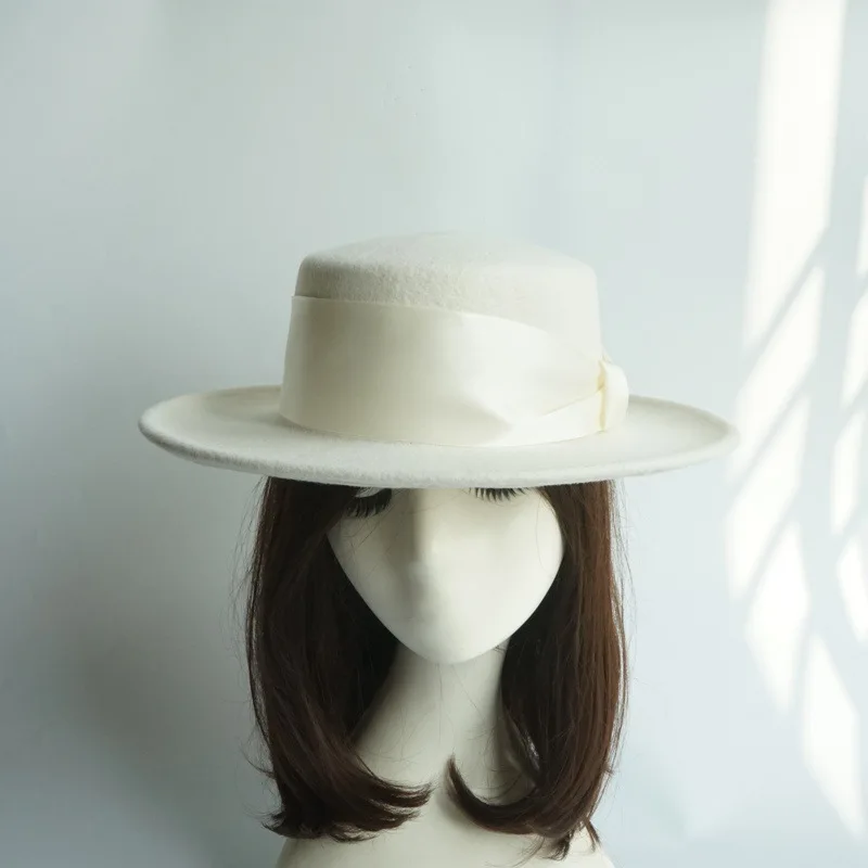Women's retro bow white 100% woolen top hat female foreign trade wide brim British wild felt Wide ribbon decoration beanie hats 3