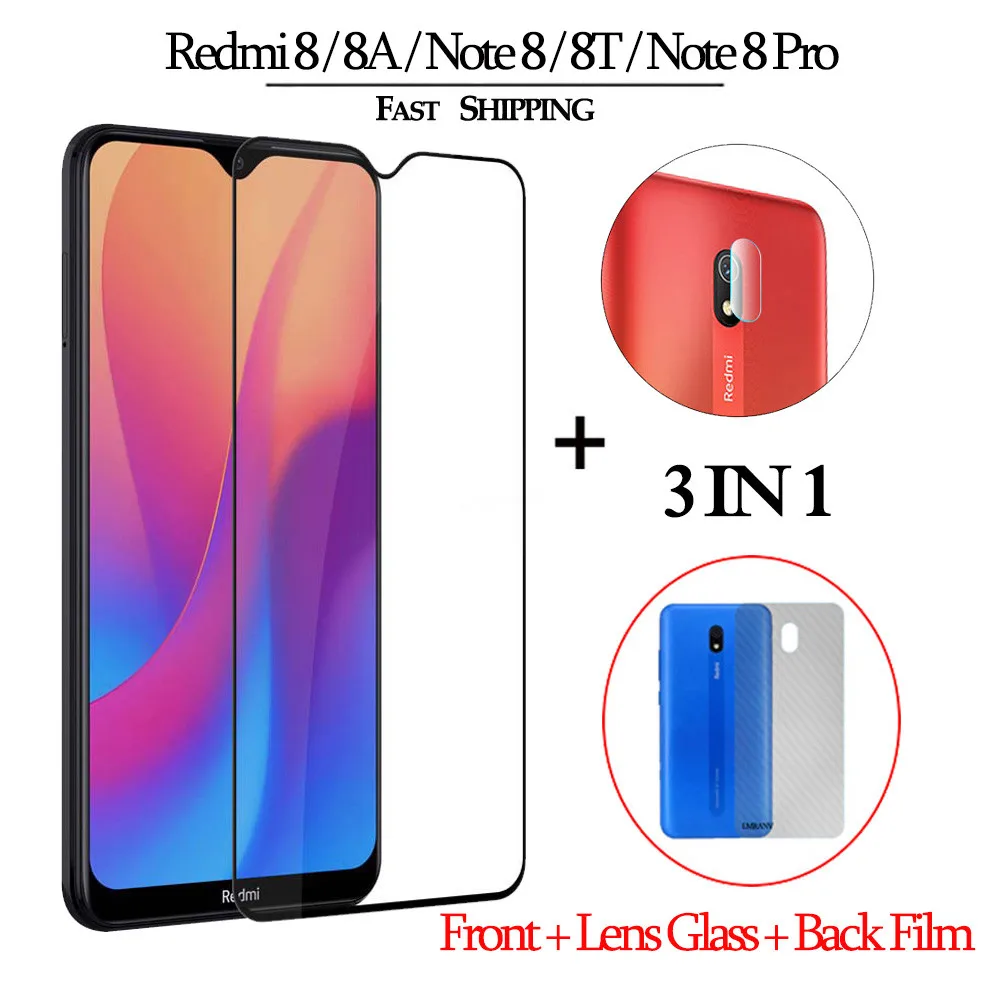 

3-in-1 Tempered Glass For Xiaomi Redmi 8A Screen Protector Lens Glass Sticker Redmi Note 8 Pro 8T Clear Back Film redmi-8-a
