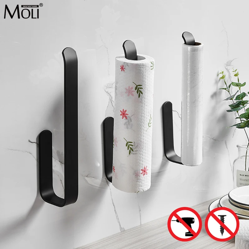 MOLI Black White Self Adhesive kitchen Paper holder Toilet Paper Roll Holder Kitchen Roll Tissue Stand Organizer Aluminum ML65B