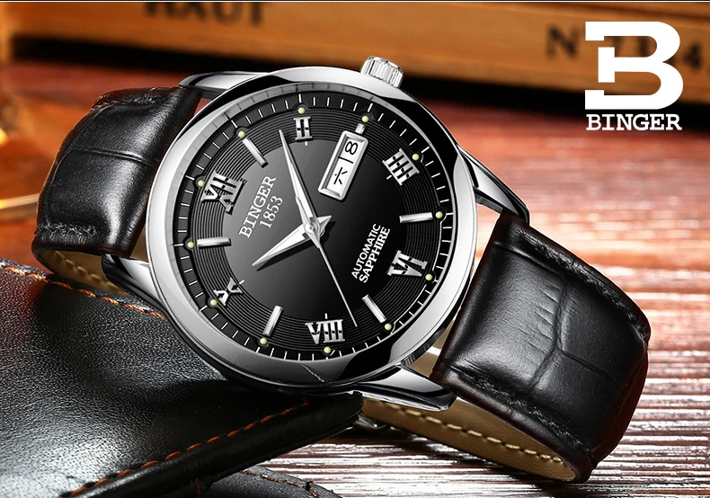 Швейцарские мужские часы люксовый бренд Бингер наручные часы светящиеся Авто Механические кожаный ремешок водонепроницаемые мужские часы B-107M12