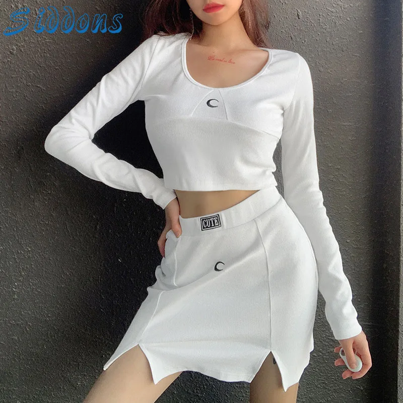 

SIDDONS Women T-Shirts And Skirt Two-Piece Set Sexy Moon Embroidered Split Short Skirt New Navel Slim Women's Top And Skirt Sets