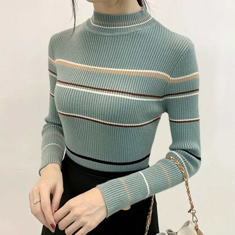 Lucyever 2019 Half Turtleneck Striped Sweater Women Fashion Mixed Color Knitted Pullover Woman Fall Winter Slim Wild Tops Femme | Женская