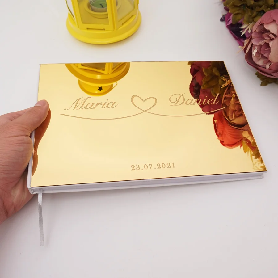 Wedding Guest Book 25x18cm Horizontal Sweet Wedding Personalized Acrylic Mirror Cover Heart Signature Guestbook Check in Book
