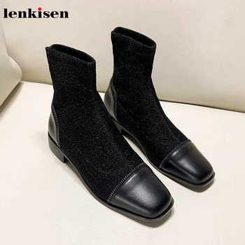 

Lenkisen popular socks boots cow leather low heels square toe mixed colors metal decorations winter women warm ankle boots L13