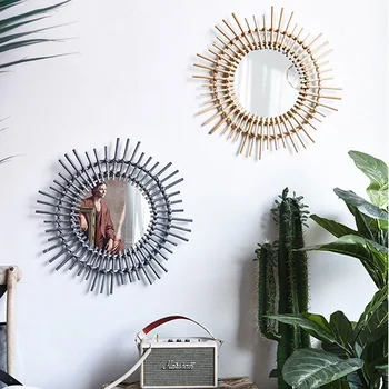 

Creative Fujiwara Mirror Round Art Cosmetics Makeup Mirror Decoration Nordic Bathroom Living Room Wicker Wall Hanging Mirror