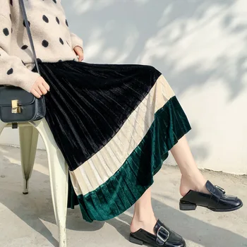 

Half-body maxi harajuku vintage Skirt Woman Design Sense Color Long Loose Skinny Pleuche Pleated Skirt rok