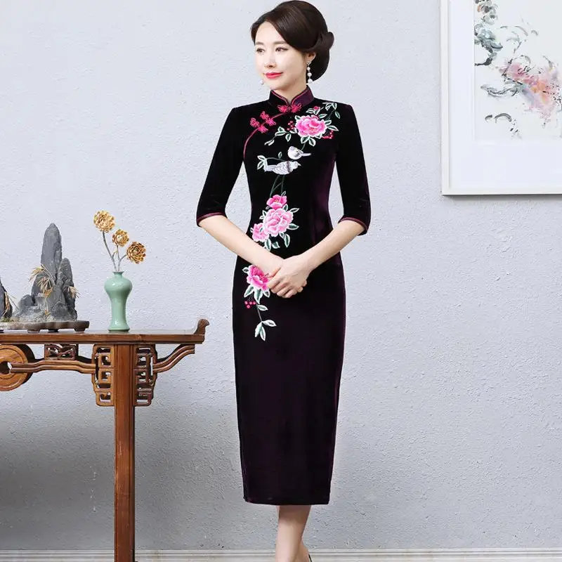 Мандарин Воротник для женщин Cheongsam высокий разрез пикантное вечернее платье с рукавами 1/2, вышивкой цветок Qipao большой размер 3XL 4XL Vestidso - Цвет: StyleA 3
