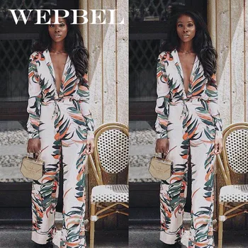 

WEPBEL Sexy Jumpsuit Autumn Women Long Sleeve Deep V-Neck Printed Long Casual Pants Sashes Elegant Lace Up Rompers