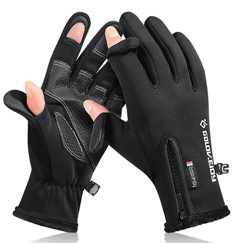 Two Fingers Flip Touchscreen Gloves Winter Outddor Waterproof Glove Motorcycling Riding  Ski Velvet Women Men Angling Gloves