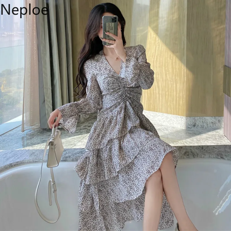 Женское платье с цветочным принтом Neploe ретро до середины икры v-образным вырезом