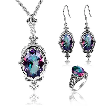 

Women Jewelry Set 100% Genuine Silver 925 Ring Drop Earrings Pendant Rainbow Topaz Pendants Rings Luxury Fine Jewelry For Women