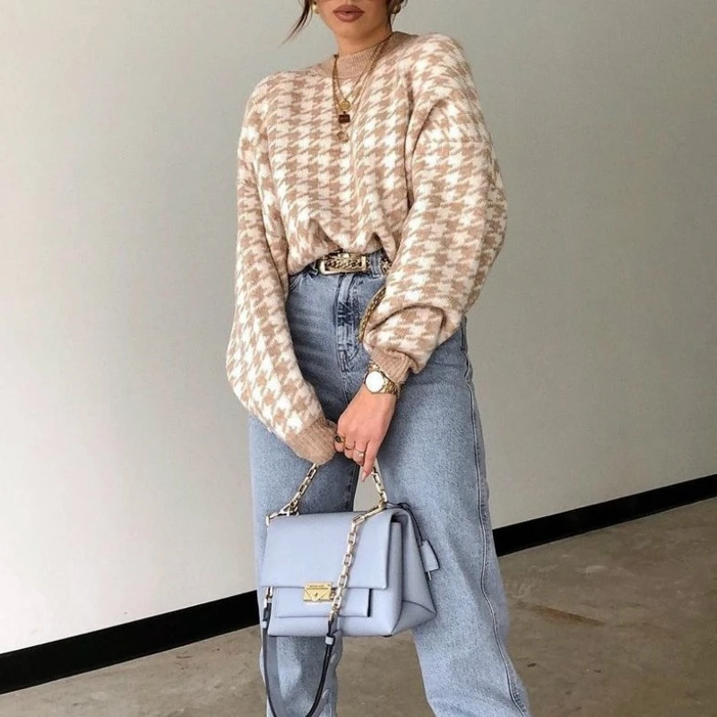 

Fashion New Women Plaid Khaki Knitted Sweater Casual Houndstooth Ladies Pullover Sweater Ladies Autumn Winter Christmas Jumpers