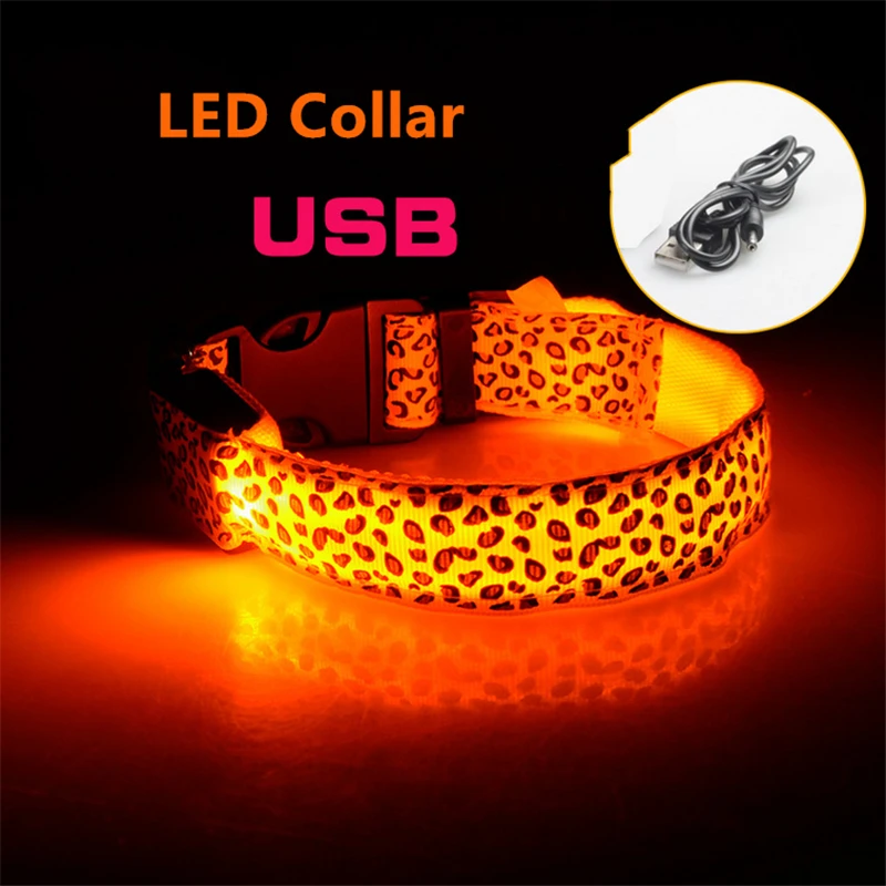 

LED Dog Collar USB Rechargeable Nylon Dog Luminous Collar Leopard Night Light Anti-Lost Collars For Cat Pet Accessories Products