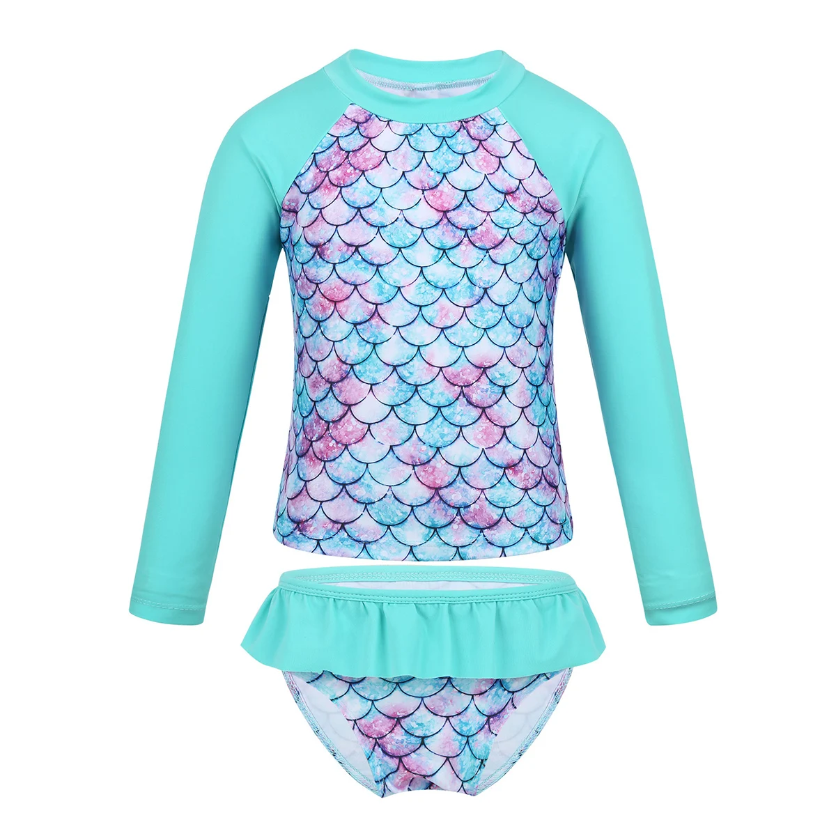 

New Kids Girls Tankini Swimsuit Beachwear Long Sleeves Fish Scales Print Rashguard Swimwear Bathing Suit Tops with Bottoms Set