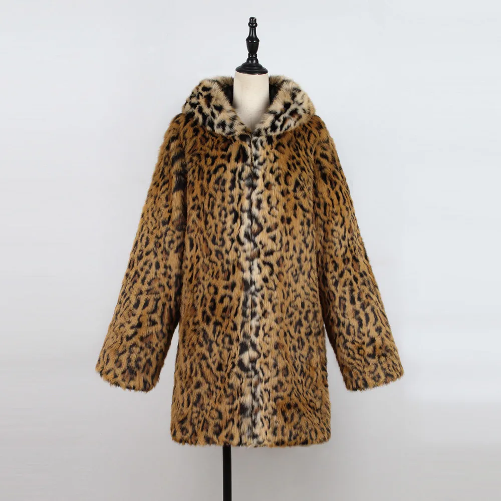 Женское зимнее пальто, мохнатая куртка из искусственного меха, леопардовая расцветка, с капюшоном, с длинным рукавом, крутая уличная одежда, пальто из искусственного меха, манто fourrure femme