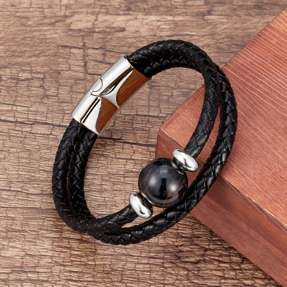 Fashion Genuine Leather Bracelets For Men Charm Stainless Steel Magnetic Bracelet Mens Jewelry Natural Tiger Eye Stone Pulseras