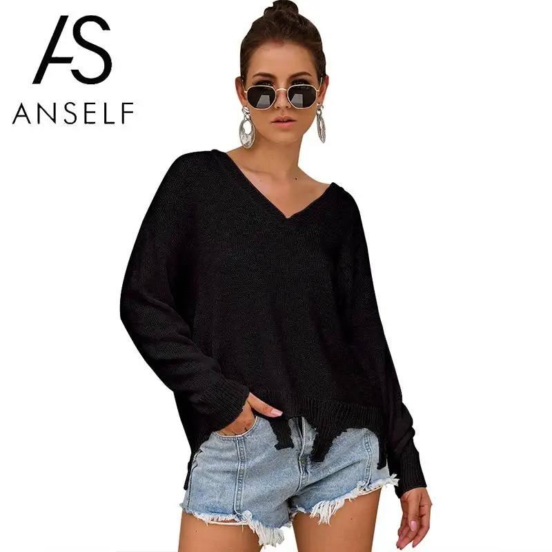 

2019 Fashion Women's Winter Sweaters Knitted Jumper Irregular Ripped Hem V-Neck Long Sleeve Solid Sweater Women Casual Knitwear