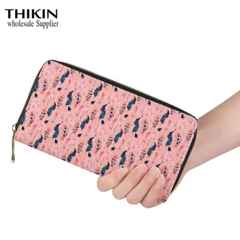 

THIKIN Bohemian Feathers Print Girls Long Wallet Ladies Fashion PU Coin Card Cases Bags Women Multifunction Travel Money Wallet