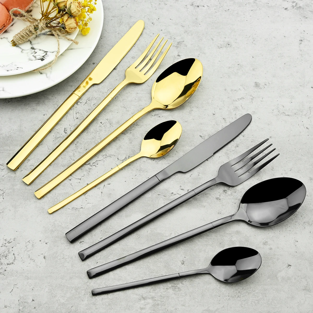 Tableware Set Stainless Steel Cutlery Set Mirror Black Dinnerware Knife Dessert Fork Coffee Tea Spoon