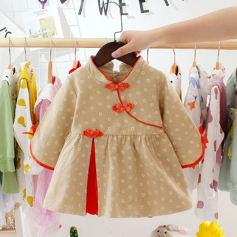 2019 New style girls Autumn Spring chinese dresses flower button princess clothes one-piece straight dress |