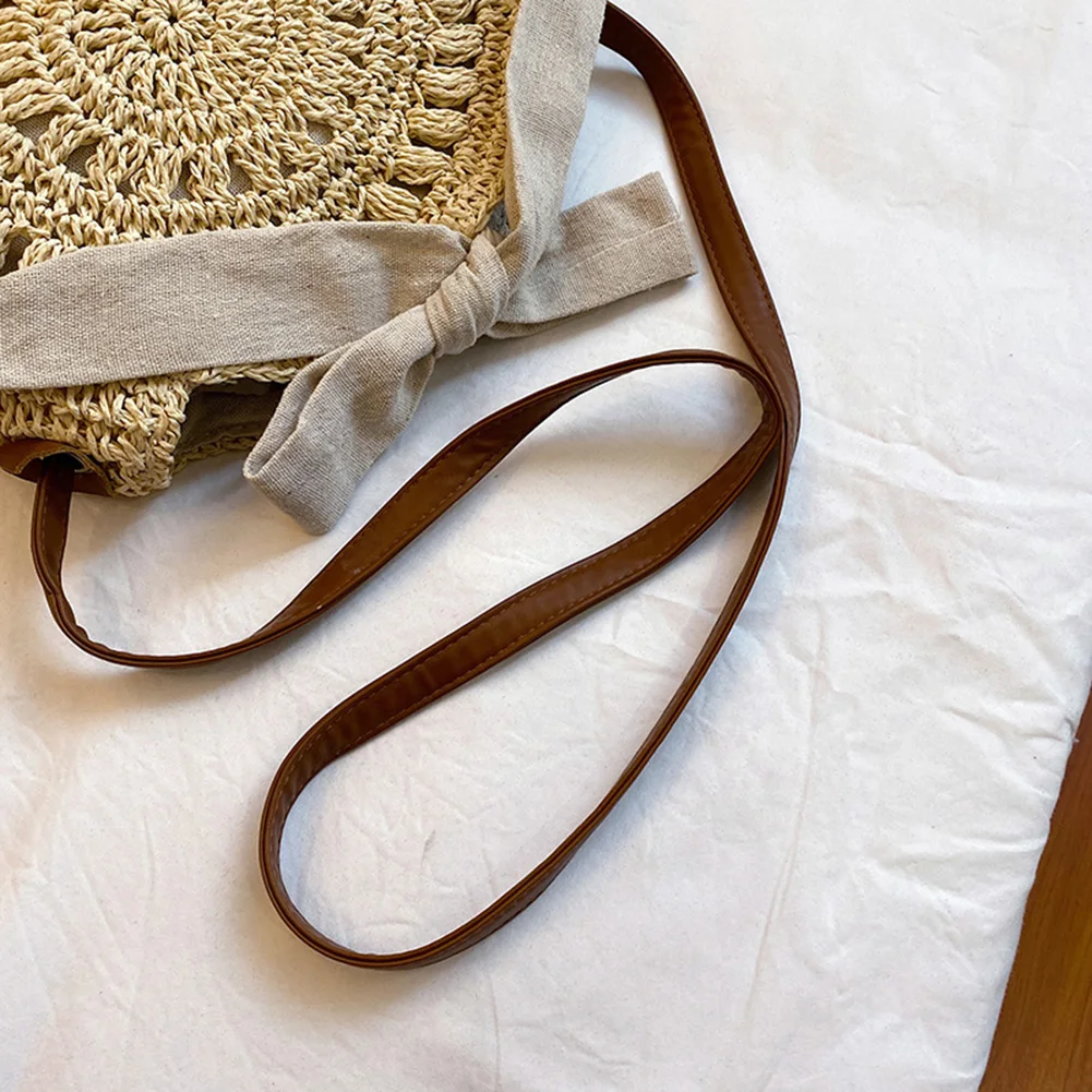Women Fashion Spring Summer Beach Hand-woven Straw Bowknot Shoulder Messenger Bag Ladies Casual Vintage Weave Crossbody Handbag