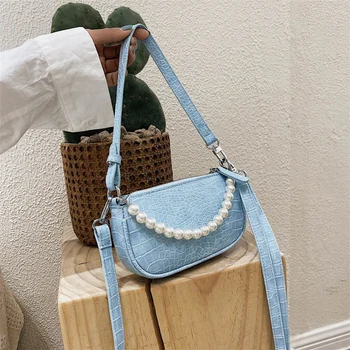 

Crocodile Pattern Baguette Bags For Women Luxury Ladies Handbags 2020 New Arrivals Shoulder Bags Female Pearl Crossbody Bag Tote
