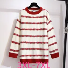 Осенний зимний пуловер размера плюс для женщин, Свободный Повседневный свитер с длинным рукавом и круглым вырезом в полоску красного цвета 3XL 4XL 5XL 6XL 7XL