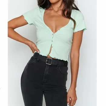 

Women Sexy V Neck Crop Top Summer Short Sleeve Slim Top Streetwear Casual T-Shirt Frilly Ruched Cardigans Single Breasted Tops