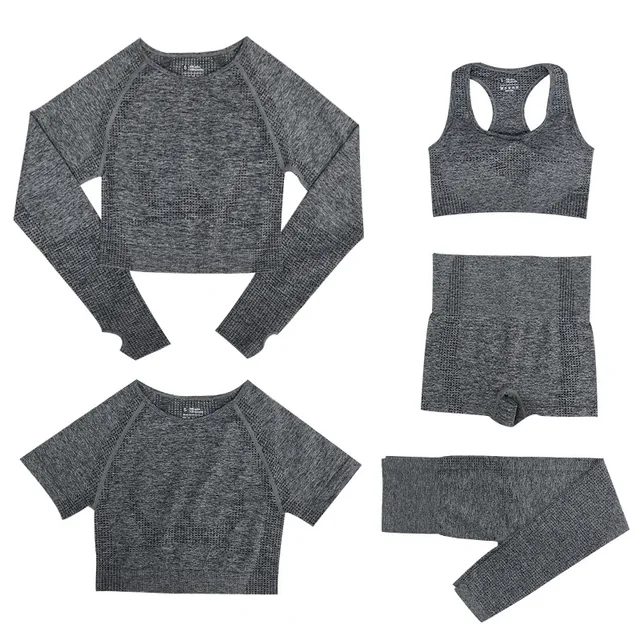 2/3/5PCS Women Sportswear Yoga Set Gym Clothing Tracksuit Long Sleeve Crop Top High Waist Seamless Leggings Fitness Sports Suits 5pcs gray