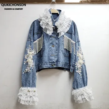 

Ruffles Lace Patchwork Cropped Denim Jacket Women Spring Fashion Streetwear Sequined Solid Flower Embroidery Beaded Jeans Jacket
