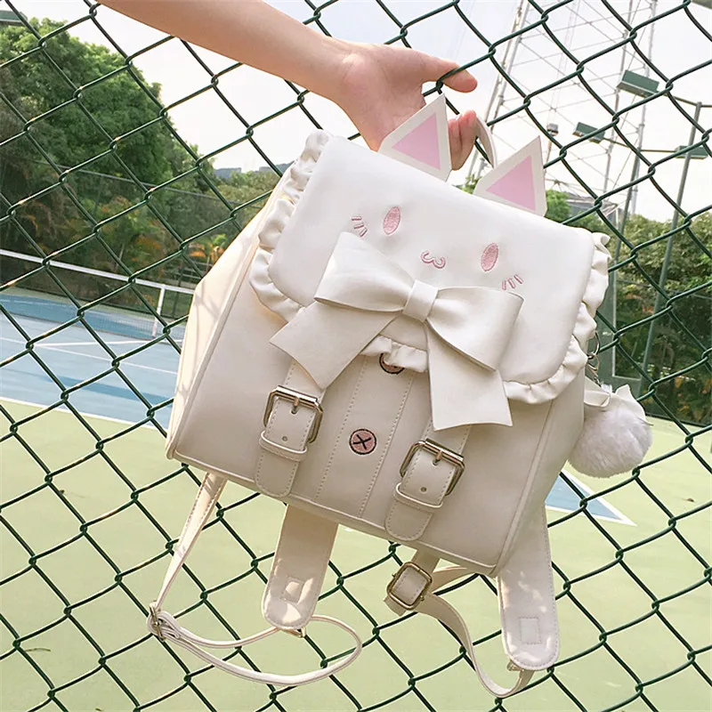 

Lolita Cute Cat Backpack School Women Pu Leather Backpacks Teenage Girls Kawaii Bow Ears Shoulder Bags Female Mochila Pink White